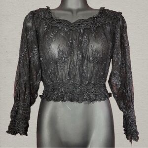 90s Y2K Black Sheer Lace Off Shoulder Goth Top Smocked Crop
